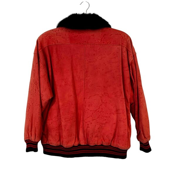Guy Laroche Vintage Red Suede Bomber Jacket Black Fur Collar Embroidered Logos - Picture 2 of 12